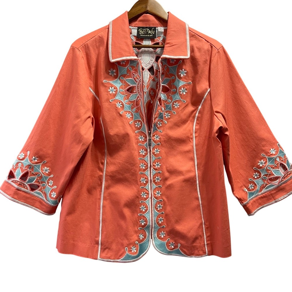 Bob Mackie Wearable Art Jacket Women XL Orange Embroidered Eyelet Zip Up Boho